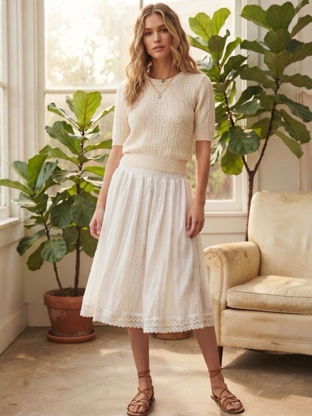 NWOT White Smocked Lace Skirt Midi Cottagecore Boho | 100% cotton | Size S
